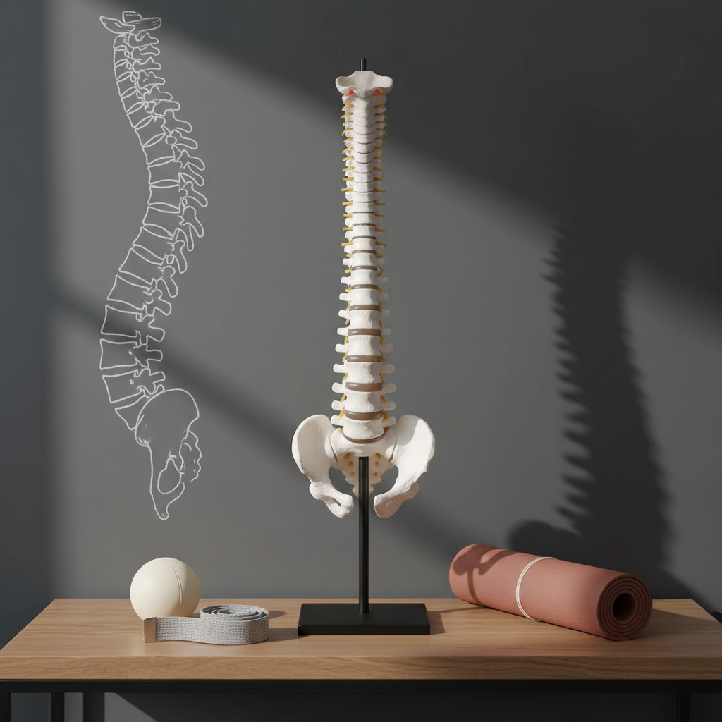An elegant postural alignment scene featuring a simple, anatomically detailed white spine model standing on a matte black pedestal, positioned on a smooth oak console table. Around it, subtle training tools: a small, soft ivory Pilates ball, a neatly folded heather-grey stretch strap, and a thin, rolled yoga mat in muted terracotta. Behind, a chalkboard-grey wall displays a clean, abstract diagram of spinal alignment drawn in thin white lines. Soft studio lighting from the left creates gentle side highlights on the spine’s curves and subdued shadows on the wall, emphasizing structure without harshness. Photographic realism, shot at eye level with moderate depth of field, conveying a clinical yet warm, highly professional atmosphere aligned with advanced postural work.