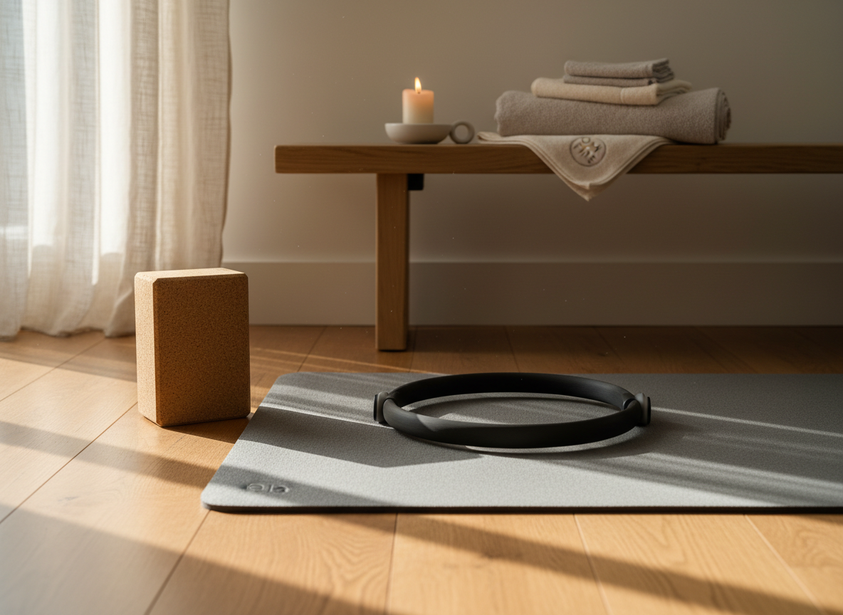 A neatly arranged home practice corner dedicated to the OM FIRE method, featuring a high-quality dove-grey yoga mat centered on warm oak flooring, flanked by a minimalist cork yoga block and a slim Pilates ring with matte black handles. In the background, a low natural wood bench holds a single white ceramic candle holder and a small stack of neutral-toned towels, with a subtle OM FIRE logo embossed on one. Soft morning daylight filters through sheer linen curtains, casting gentle, elongated shadows and creating a serene, sophisticated atmosphere. Photographic realism at eye-level, with a shallow depth of field that keeps the mat and tools in crisp focus while the background softly blurs, evoking harmony between body and mind.