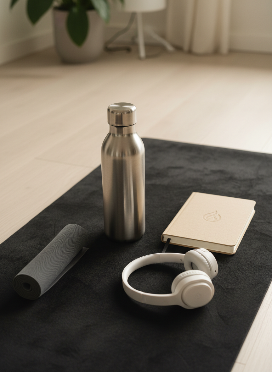 A close-up of curated OM FIRE training essentials laid out with meticulous order on a dark, velvety exercise mat: a stainless steel insulated water bottle with a brushed finish, a slim sand-colored journal embossed with a discreet flame-like logo, a pair of minimalist wireless headphones in soft white, and a rolled graphite-grey resistance band with fine texture. The mat rests on pale wooden flooring, with a blurred background hinting at a tidy, contemporary home interior. Soft, diffused afternoon light from an unseen window creates delicate highlights on metal surfaces and gentle shadows between objects. Photographic realism with a top-down, flat-lay composition, crisp focus and a sophisticated, lifestyle-oriented mood that suggests preparation, focus, and energy renewal.