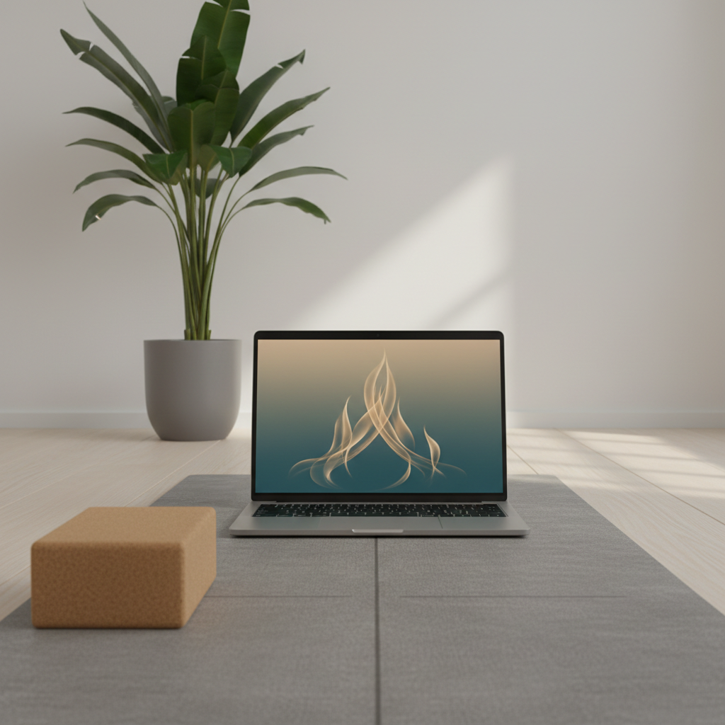 A serene online-training workspace set up for an OM FIRE session: an ultra-slim silver laptop open on a pale wood desk, its screen softly glowing with an abstract interface of flowing lines and subtle flame-like shapes in muted gold and deep teal. In front of the laptop, an unrolled stone-grey yoga mat extends toward the viewer, with a single natural cork block placed near its front edge. Behind, a minimal white wall and a tall potted plant with glossy dark green leaves create a clean, modern backdrop. Gentle morning light flows in from the right, reflecting subtly off the laptop’s metallic surface and creating a calm, focused ambiance. Photographic realism from a low, front-facing angle, inviting the viewer into an exclusive online practice space.