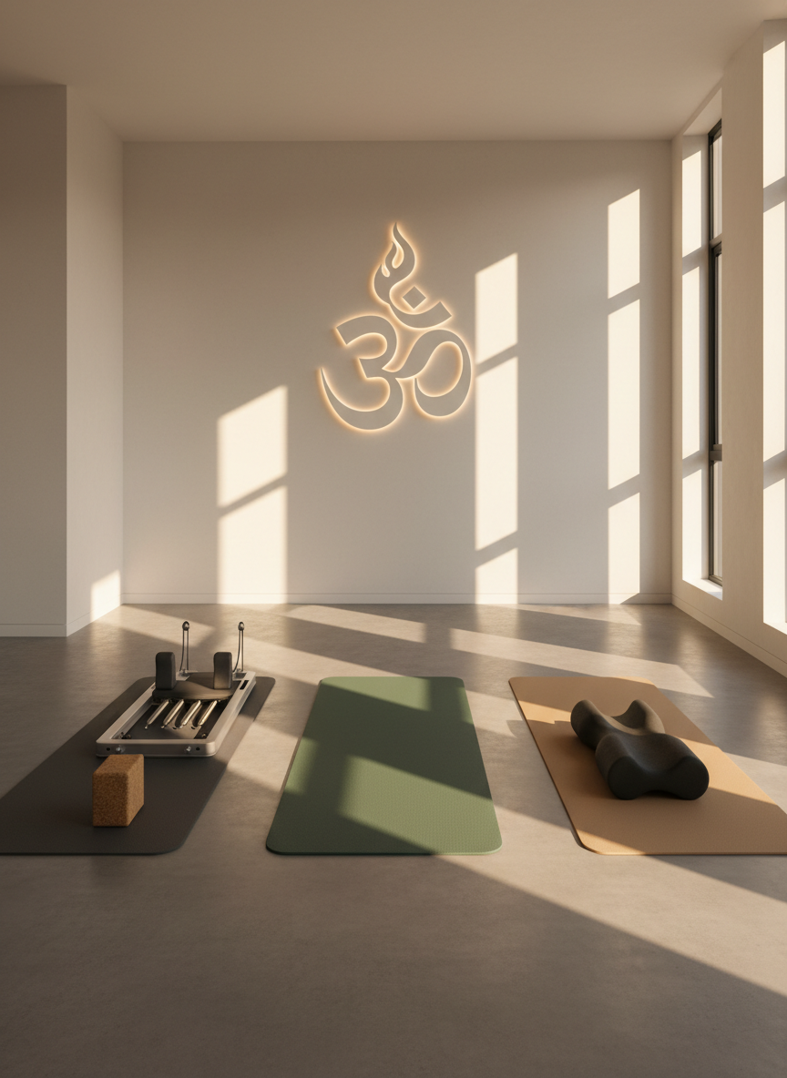 A refined studio setup symbolizing the fusion of Yoga, Pilates, and Posturale: three parallel mats in shades of charcoal, muted forest green, and warm sand placed precisely on a matte concrete floor. Beside each mat rests a different tool: a cork yoga brick, a sleek metal Pilates reformer carriage without straps, and an ergonomic postural roller in textured dark foam. The far wall is a smooth off-white with a subtle, stylized OM FIRE emblem illuminated by hidden LED strips. Golden hour light enters from tall side windows, creating long, elegant shadows. Photographic realism, shot from a slightly elevated angle, with balanced, modern composition that feels calm, professional, and subtly luxurious.
