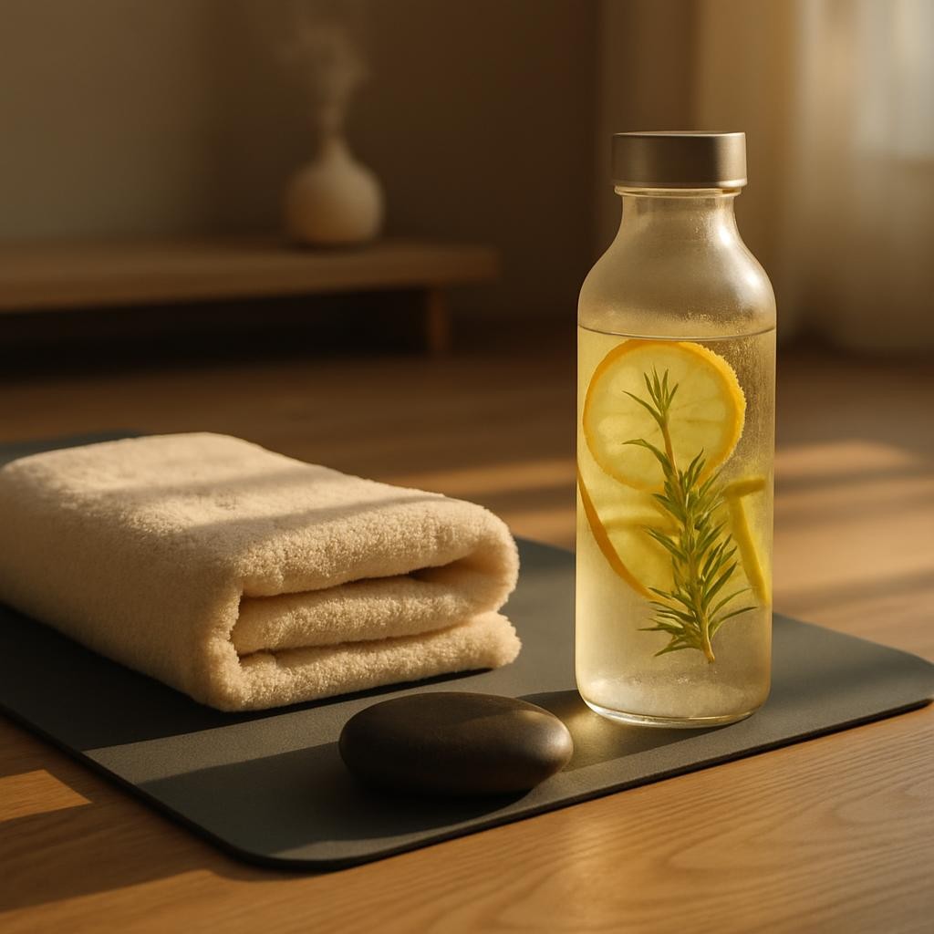 A mood-rich detail of post-workout recovery after an OM FIRE session: a plush, folded cream-colored towel rests on a deep slate yoga mat, next to a smooth, oblong basalt massage stone and a matte glass bottle of infused water with floating lemon slices and herbs. The mat lies on textured light oak flooring, with a blurred background of a minimalist shelf holding a single ceramic diffuser emitting a faint wisp of vapor. Warm late-afternoon sunlight slants through an unseen window, creating soft, elongated shadows and subtle reflections in the glass. Photographic realism with an intimate, close-up side angle and shallow depth of field, evoking regeneration, balance, and sophisticated self-care.